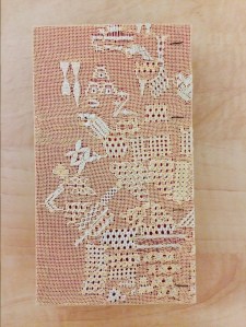 Detail of twentieth century stitching on back cover from Happy Hands Studio (Pendelton, Oregon) from unique artist book by Roberta Lavadour called "Happy Hands"