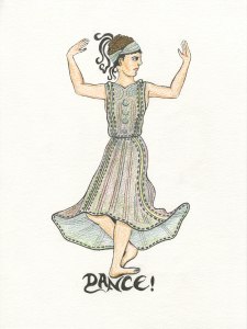 Image of a girl dancing inspired by an Etruscan vase from the 4th century BCE. Drawn by Meredith Eliassen, 2015.