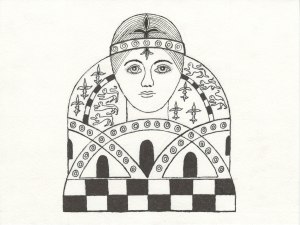 Chess Queen design based upon the earliest known Spanish chess queen with a face dating from medieval times. Drawing done with Sharpie ultra fine point pen by Meredith Eliassen, 2015