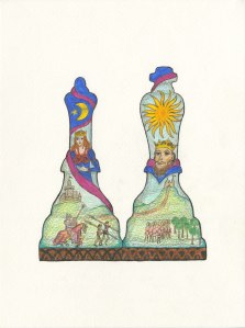 Drawing of chess Queen and King pieces side by side featuring continuous landscape, by Meredith Eliassen, 2015.