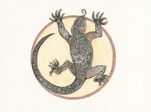 My dad told me about a lizard that was an uninvited but not unwelcome visitor and this is my interpretation. Design by Meredith Eliassen 3/21/2015.