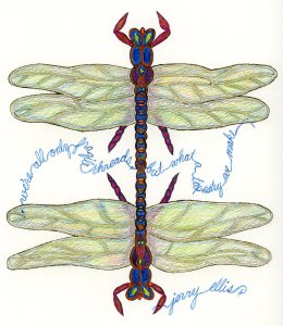 Dragonfly design by Meredith Eliassen, 2015, features quote from Jerry Ellis, "We're all only fragile threads, but what a tapestry we make."
