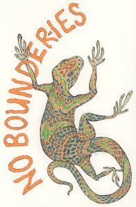Bounder, member of the famous Lucky the Lizard posse seen in the southwest corner of San Francisco and headed to parts unknown. Rendered by Meredith Eliassen, 2015.