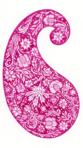 Paisley design featuring early American flower motifs from the Pennsylvania area drawn by Meredith Eliassen, 2015.